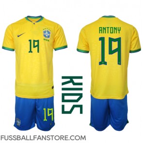 Brasilien Antony #19 Replik Heimtrikot Kinder WM 2022 Kurzarm (+ Kurze Hosen)